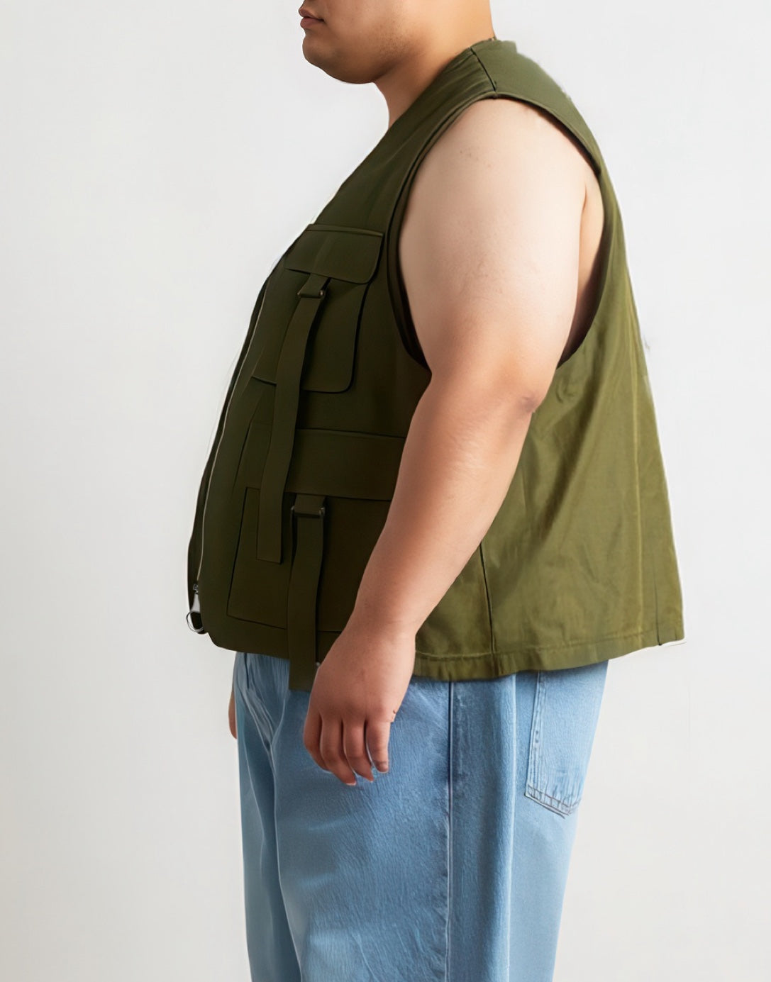 Side view of Plus Size Men Cargo Pocket Vest.