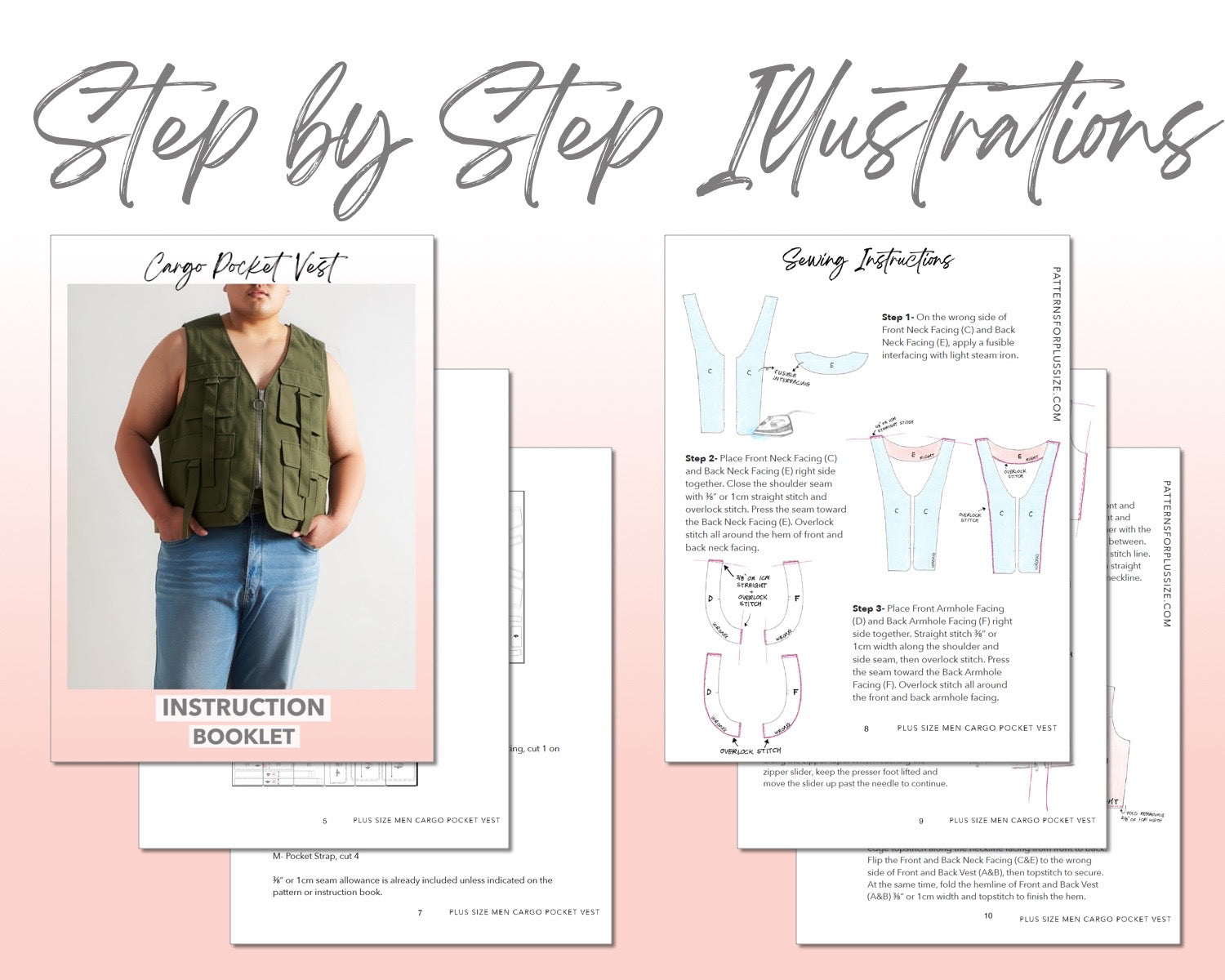 Plus Size Men Cargo Pocket Vest sewing pattern step by step illustrations.
