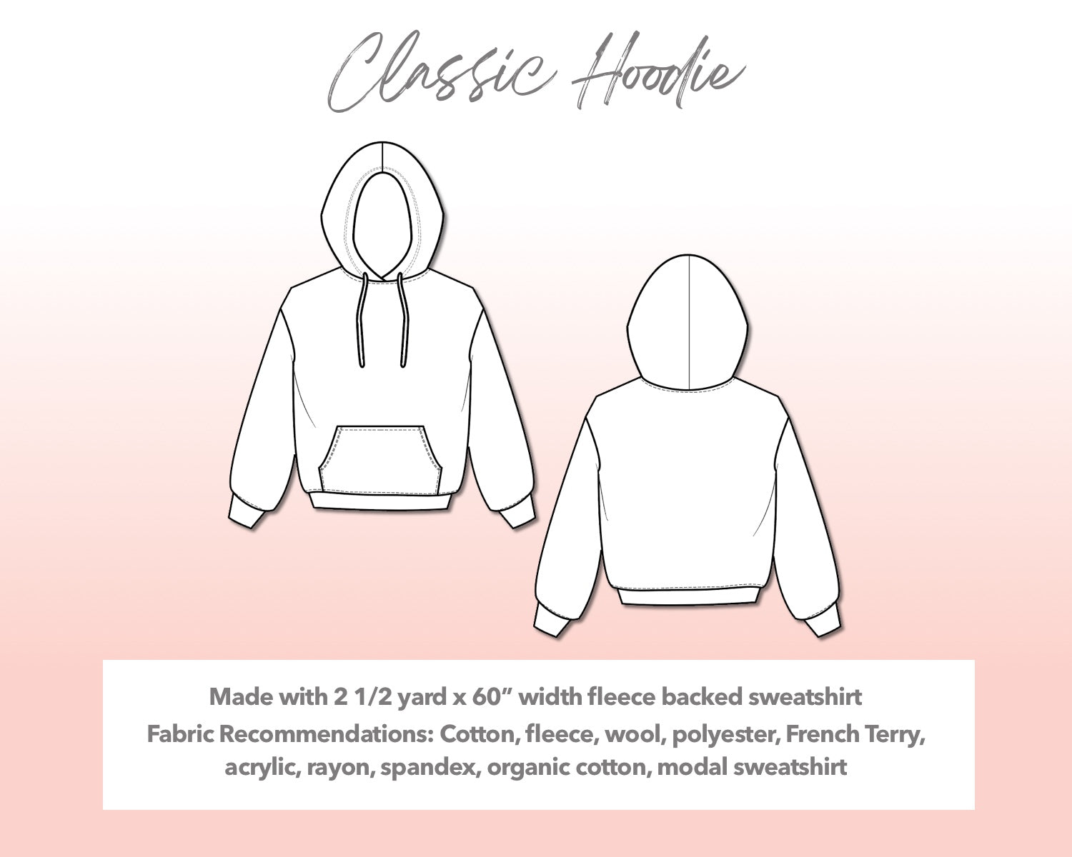 Illustration and detailed description for Plus Size Mens Classic Hoodie sewing pattern.