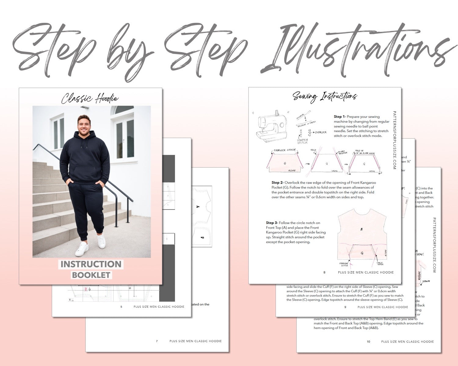 Plus Size Mens Classic Hoodie sewing pattern step by step illustrations.