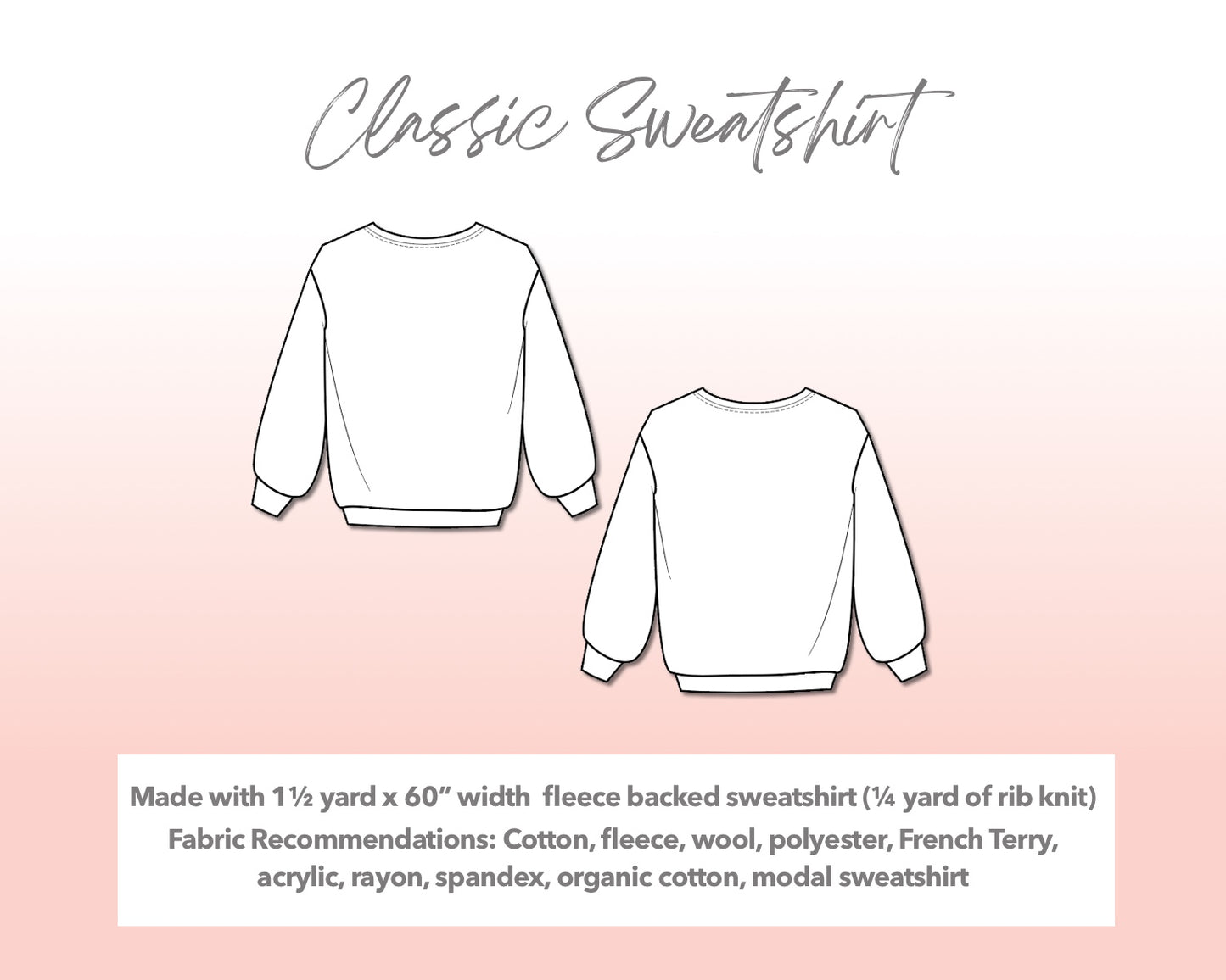 Illustration and detailed description for Plus Size Mens Classic Sweatshirt sewing pattern.