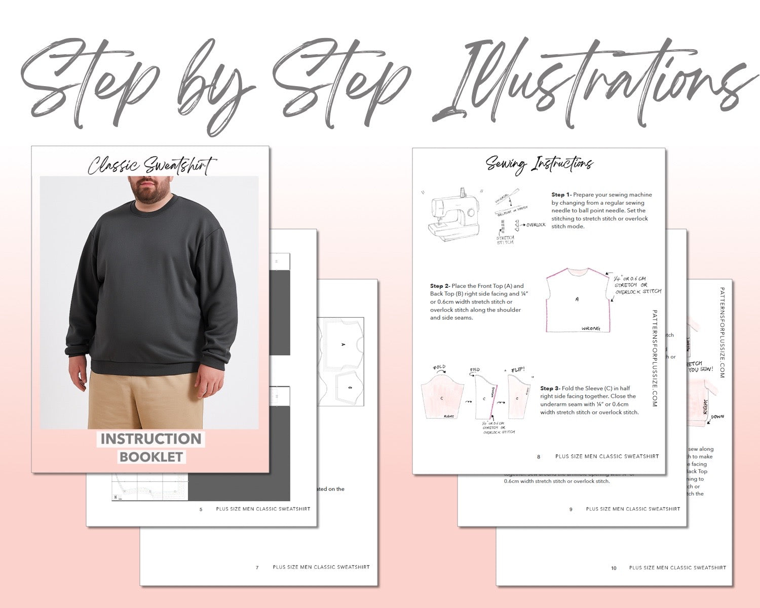 Plus Size Mens Classic Sweatshirt sewing pattern step by step illustrations.
