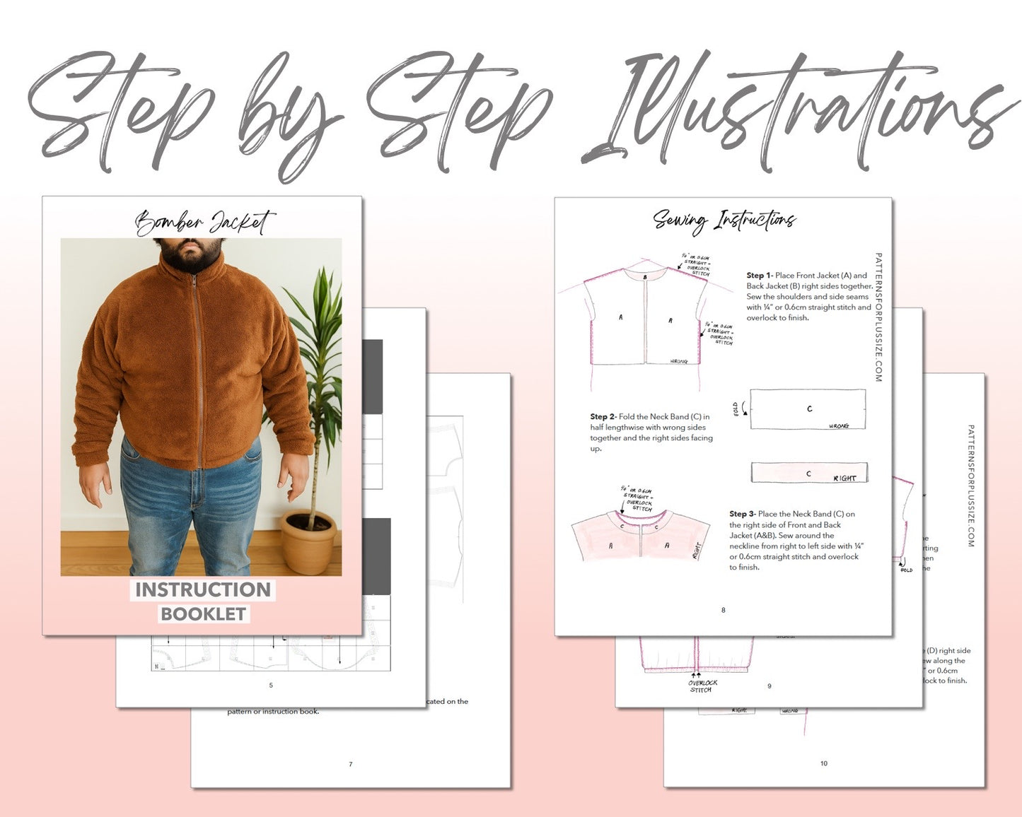 Plus Size Mens Bomber Jacket sewing pattern step by step illustrations.