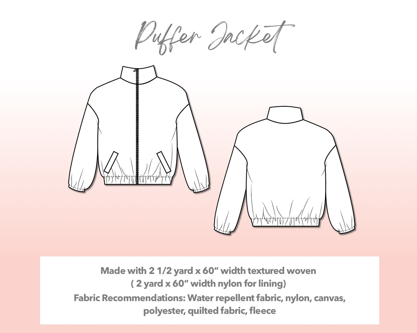 Illustration and detailed description for Plus Size Mens Puffer Jacket sewing pattern.