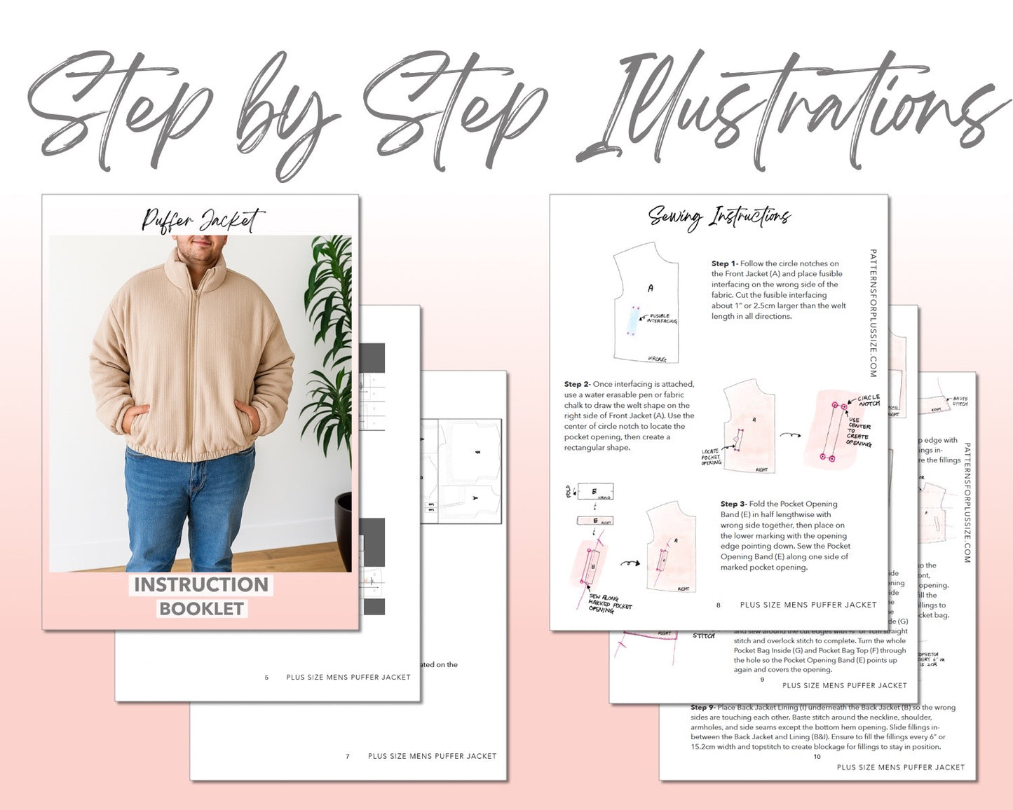 Plus Size Mens Puffer Jacket sewing pattern step by step illustrations.