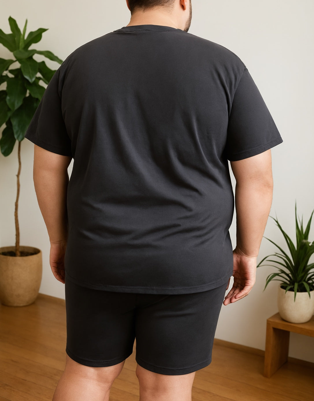 Back view of Mens Tee and Biker Shorts Set.