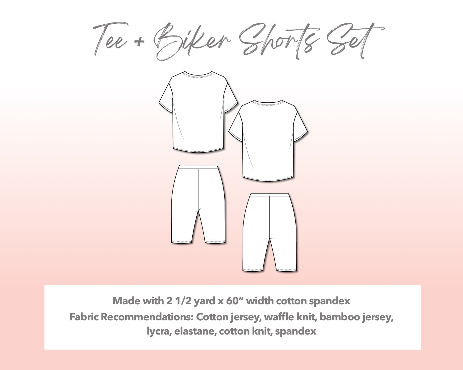 Illustration and detailed description for Mens Tee and Biker Shorts Set sewing pattern.