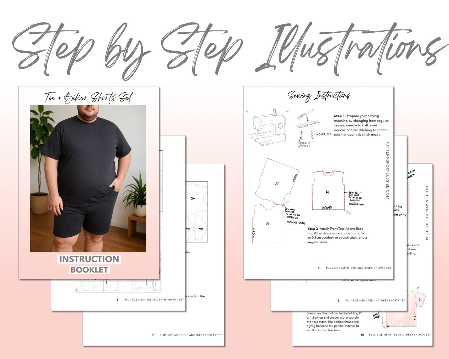 Mens Tee and Biker Shorts Set sewing pattern step by step illustrations.