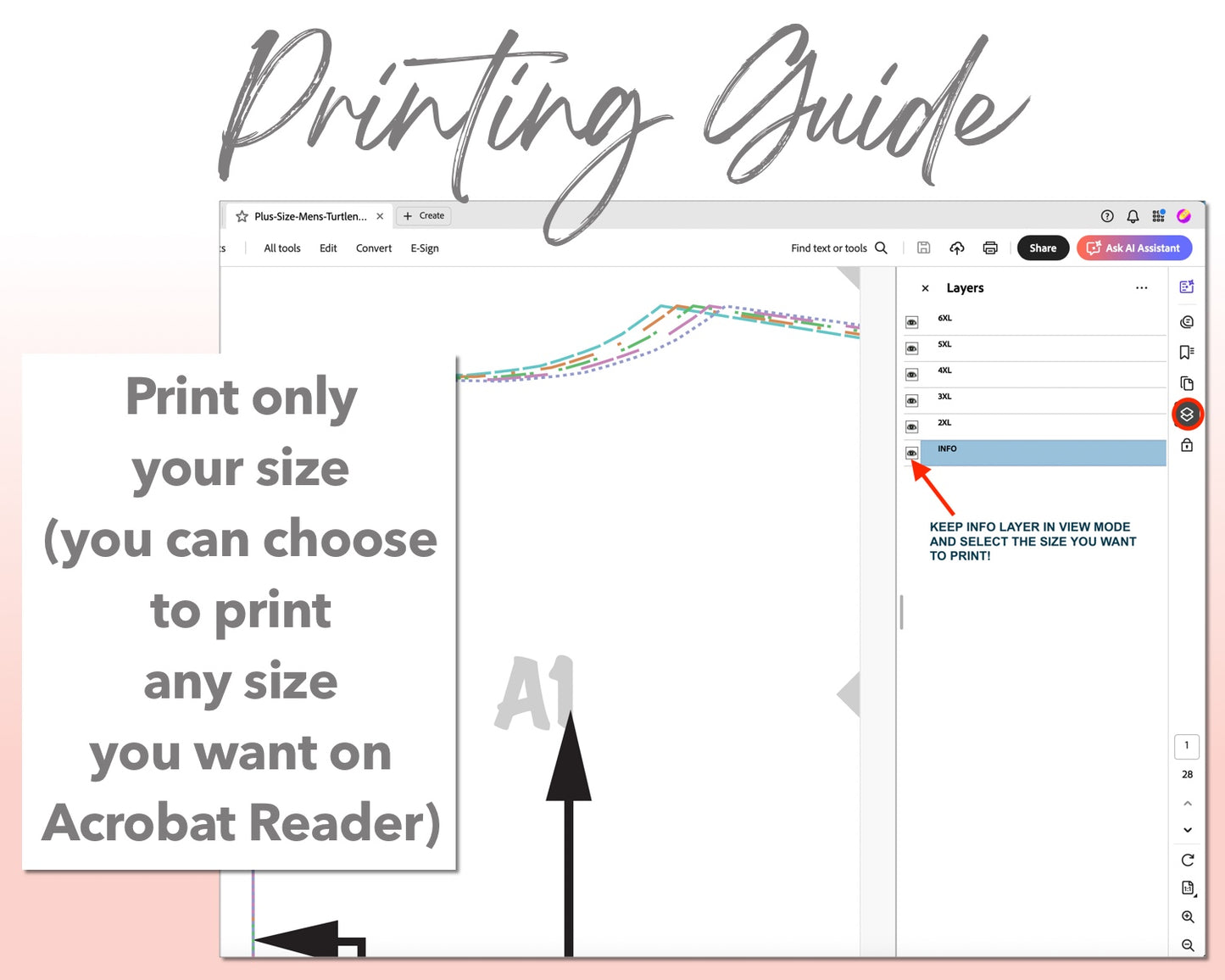 Plus Size Mens Turtleneck Long Sleeve Top sewing pattern printing guide.