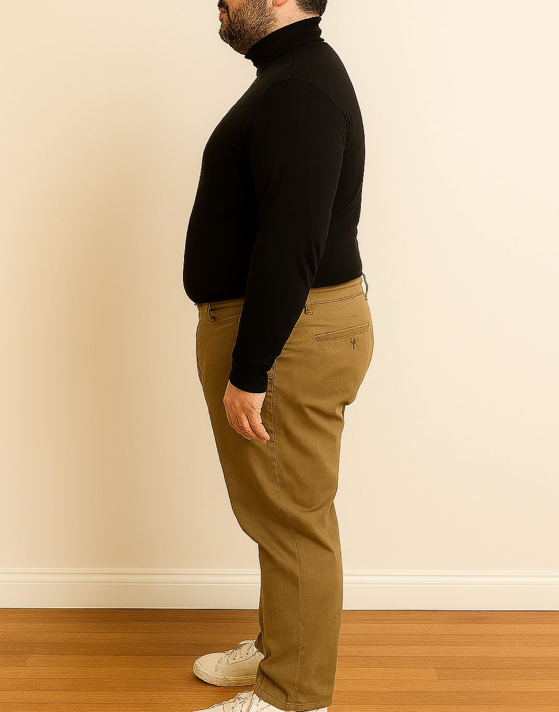 Side view of Plus Size Mens Turtleneck Long Sleeve Top.