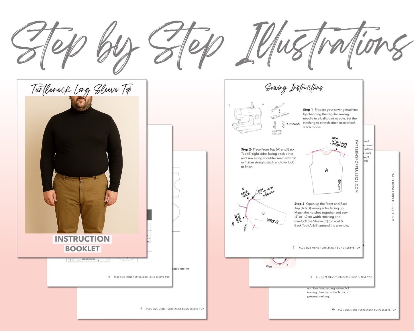 Plus Size Mens Turtleneck Long Sleeve Top sewing pattern step by step illustrations.