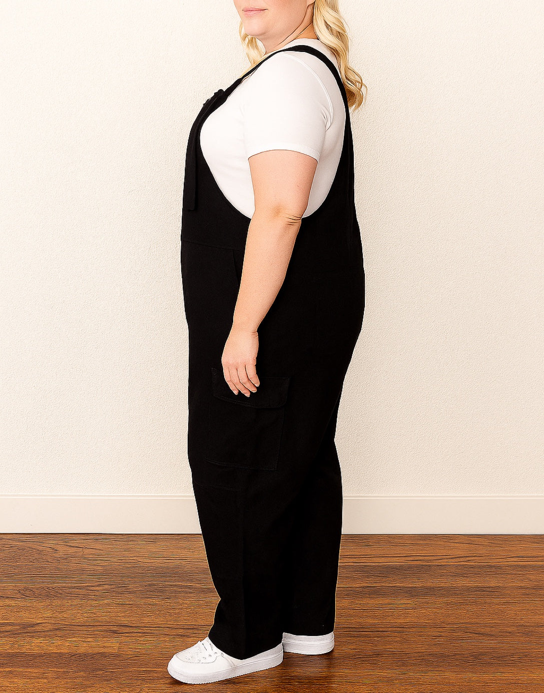 Side view of Plus Size Overall Jumpsuit.