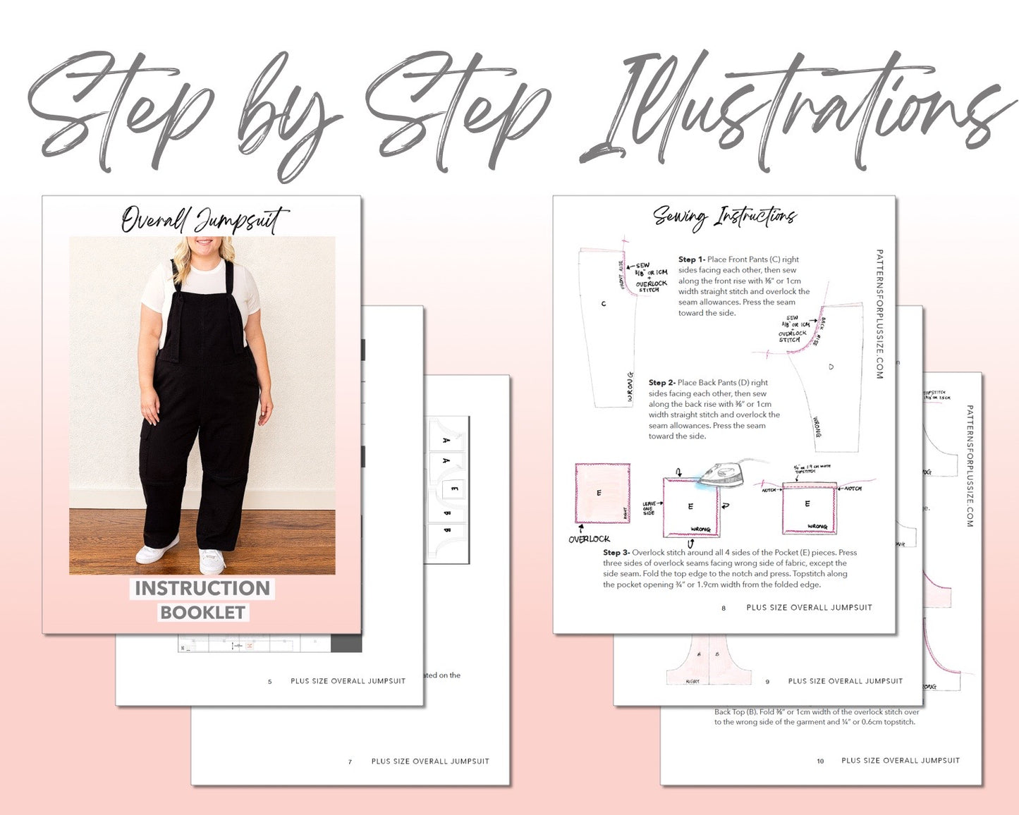Plus Size Overall Jumpsuit sewing pattern step by step illustrations.