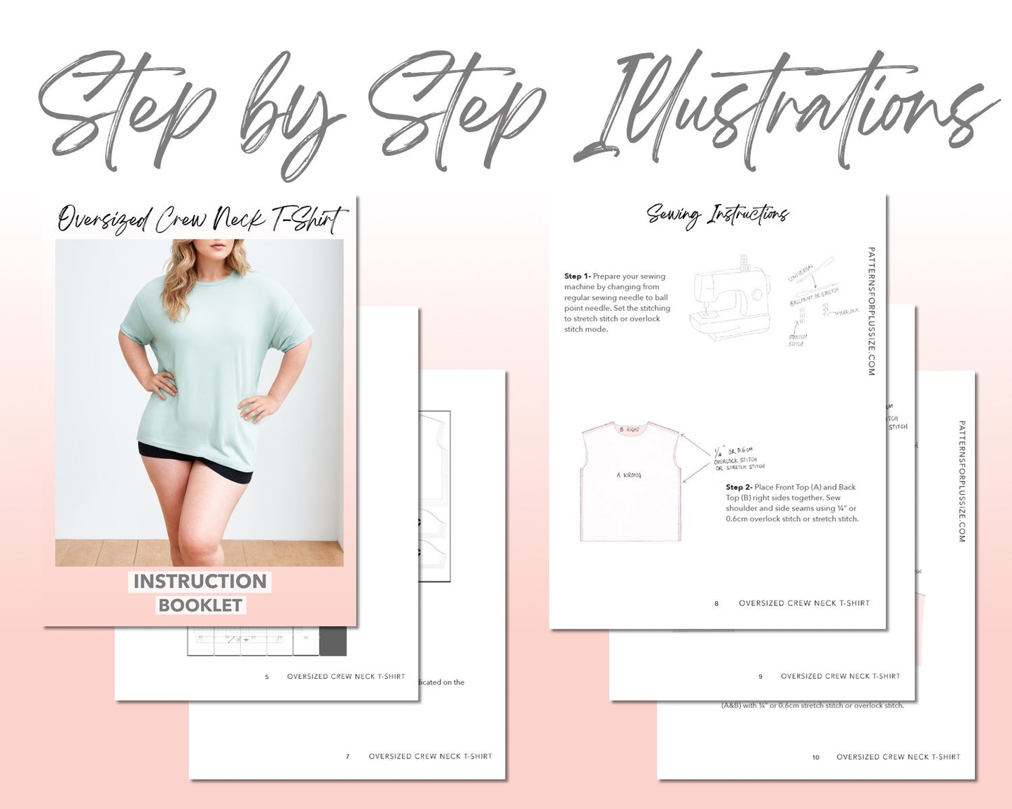 Plus Size Oversized Crew Neck T-Shirt sewing pattern step by step illustrations.