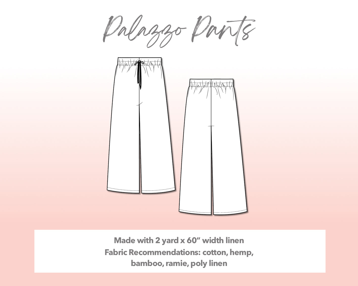 Illustration and detailed description for Plus Size Palazzo Pants sewing pattern.