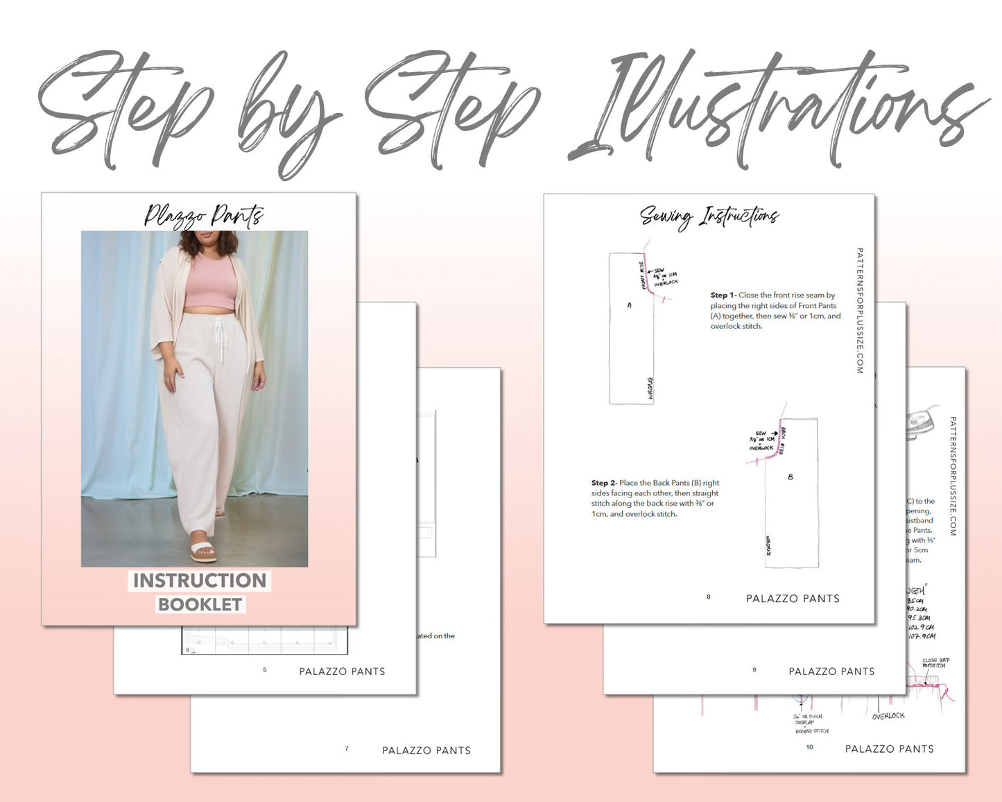 Plus Size Palazzo Pants sewing pattern step by step illustrations.