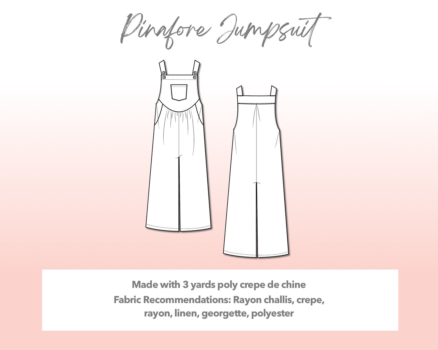 Illustration and detailed description for Plus Size Pinafore Jumpsuit sewing pattern.