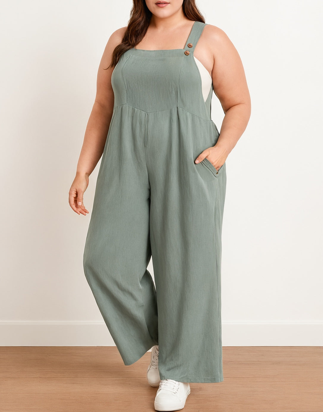 Side view of Plus Size Pinafore Jumpsuit.