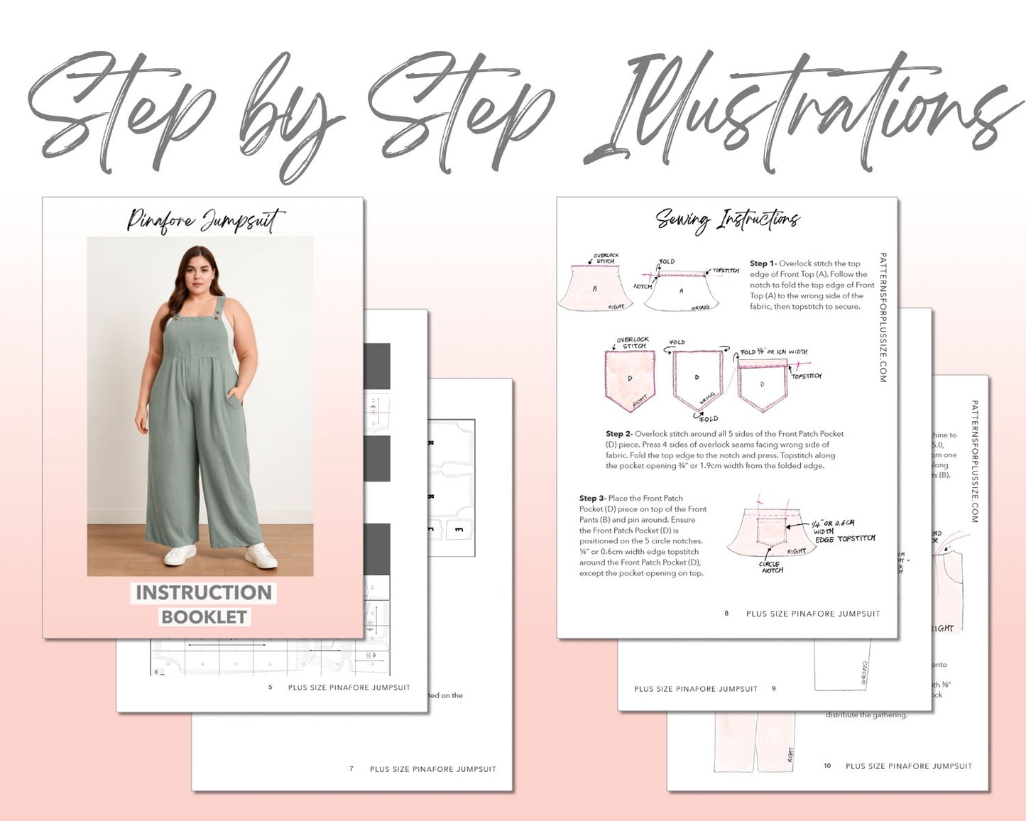 Plus Size Pinafore Jumpsuit sewing pattern step by step illustrations.
