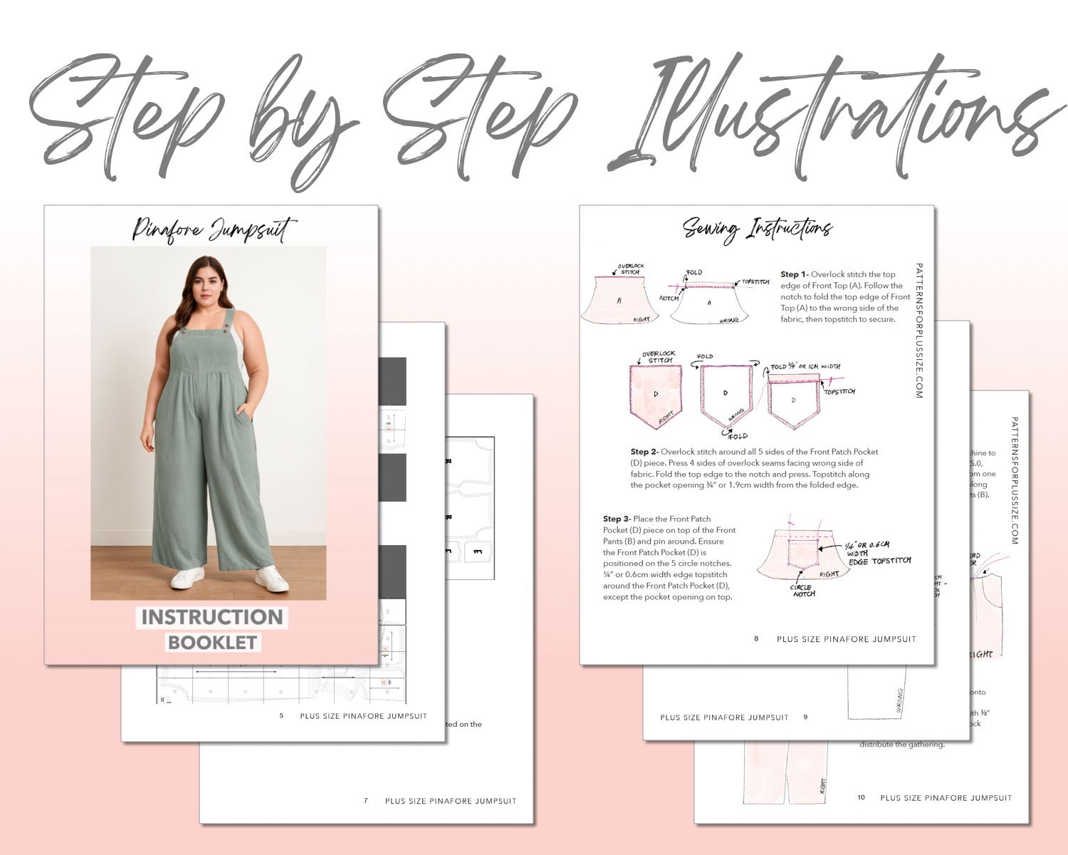 Plus Size Pinafore Jumpsuit sewing pattern step by step illustrations.