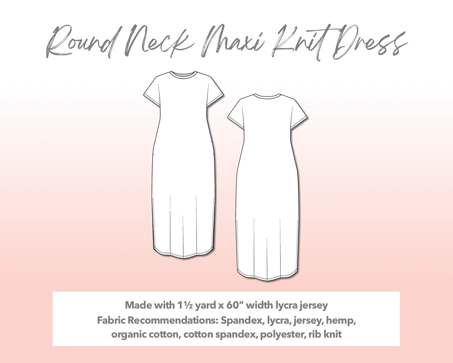 Illustration and detailed description for Plus Size Round Neck Maxi Knit Dress sewing pattern.
