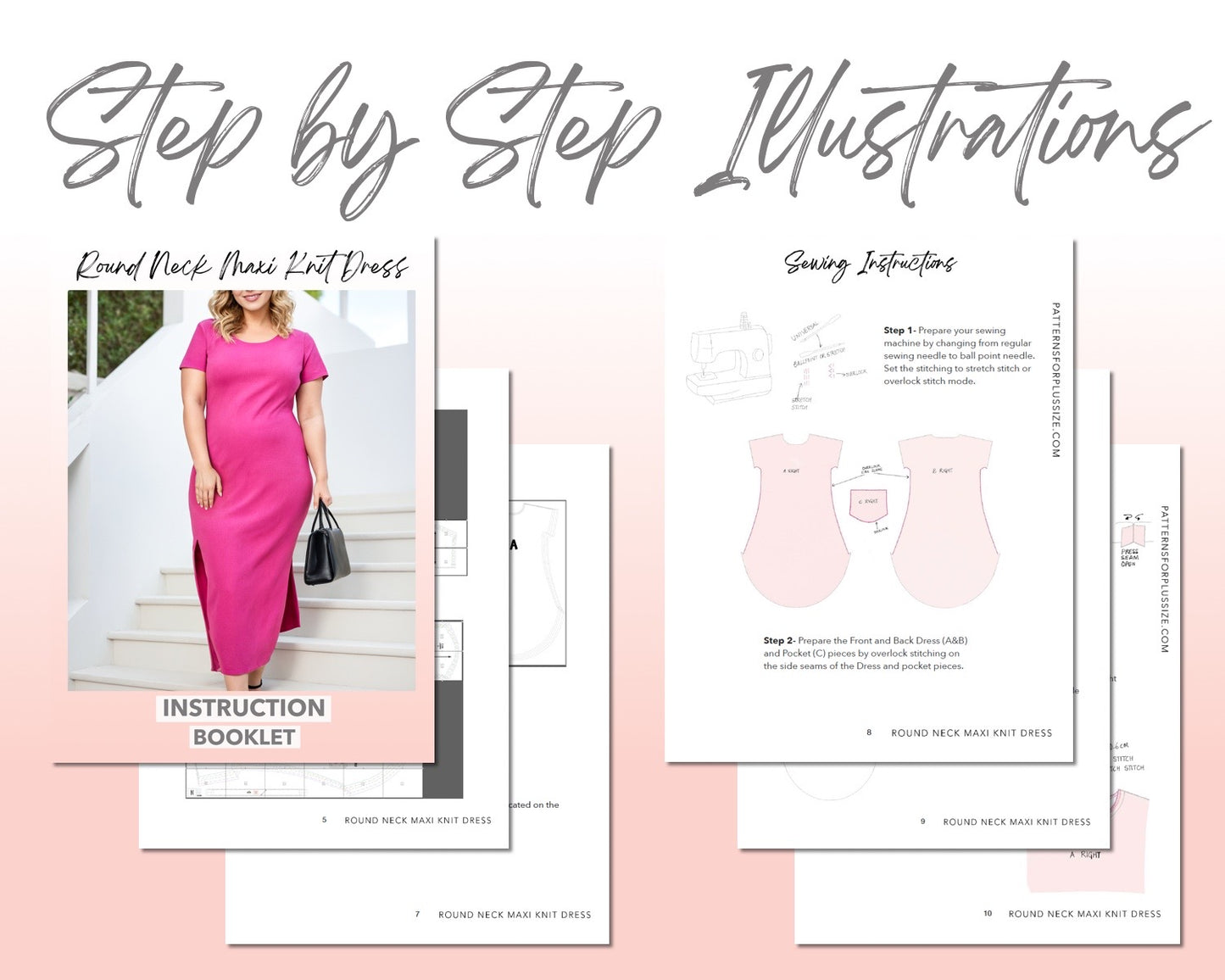 Plus Size Round Neck Maxi Knit Dress sewing pattern step by step illustrations.