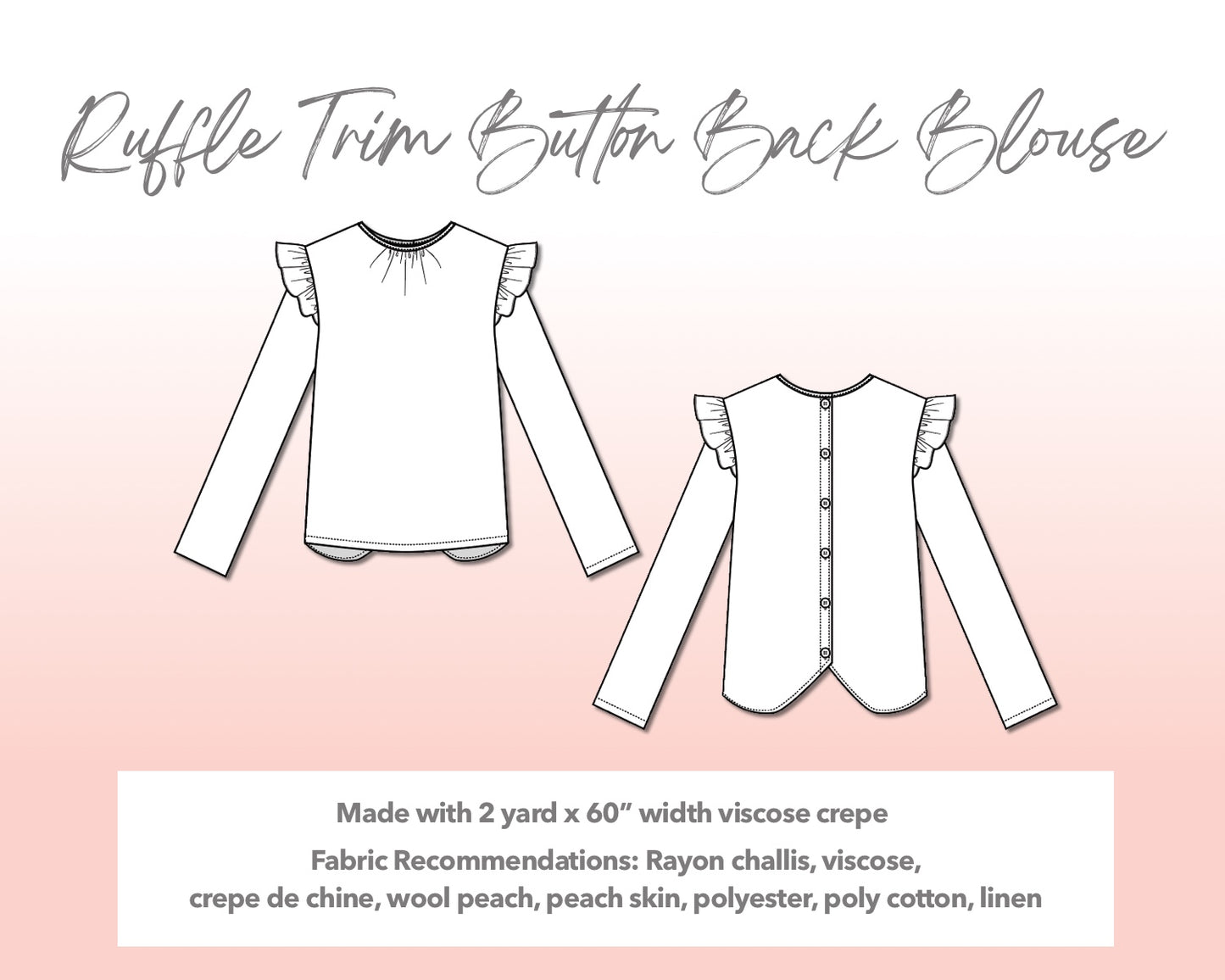 Illustration and detailed description for Plus Size Ruffle Trim Button Back Blouse sewing pattern.