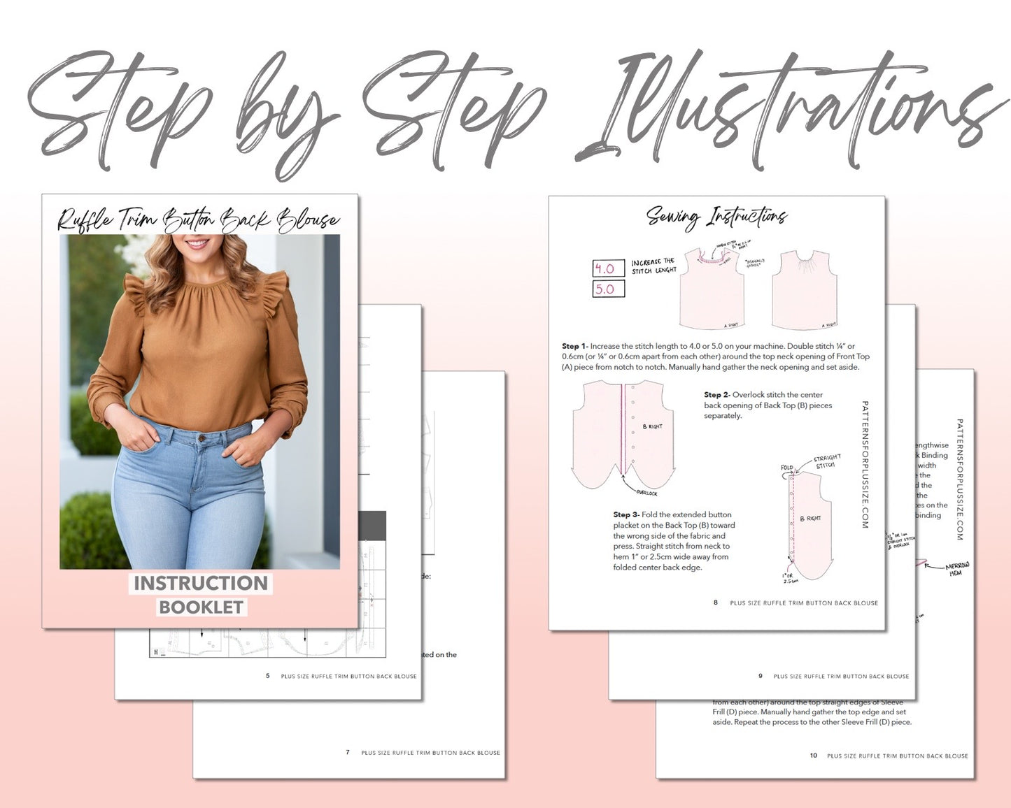 Plus Size Ruffle Trim Button Back Blouse sewing pattern step by step illustrations.