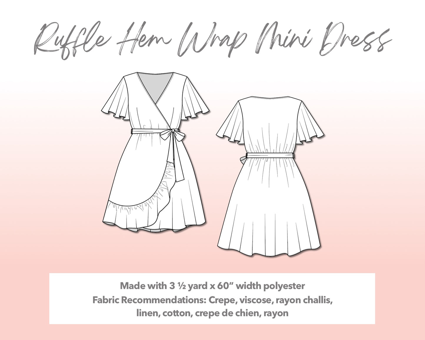 Illustration and detailed description for Plus Size Ruffle Hem Wrap Mini Dress sewing pattern.