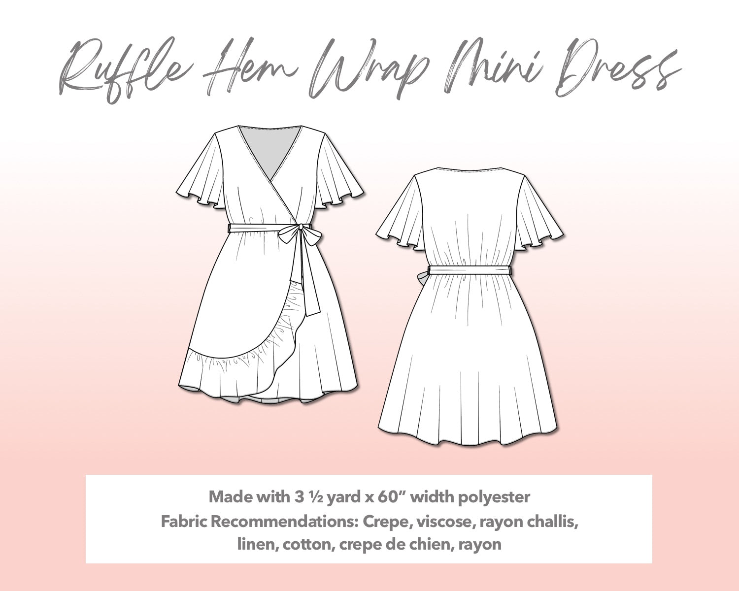 Illustration and detailed description for Plus Size Ruffle Hem Wrap Mini Dress sewing pattern.