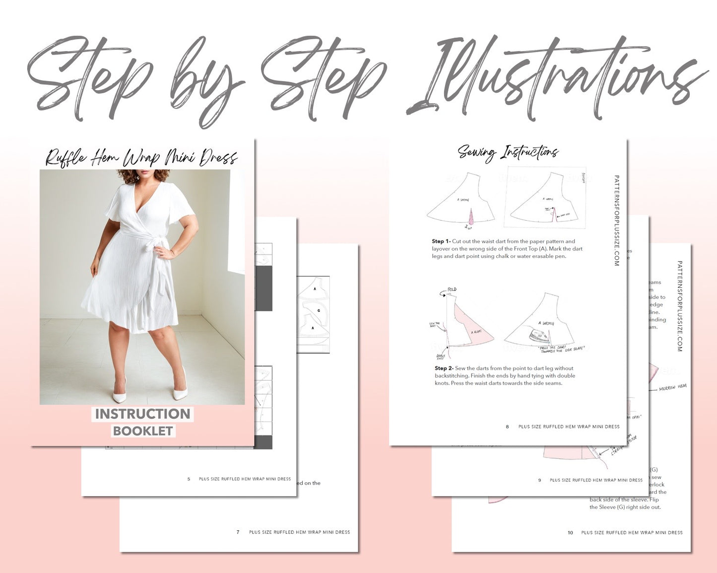 Plus Size Ruffle Hem Wrap Mini Dress sewing pattern step by step illustrations.