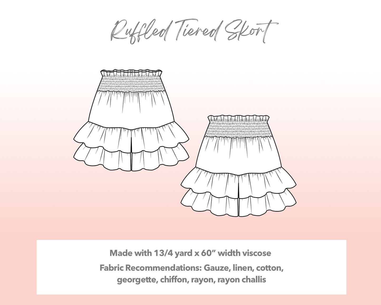 Illustration and detailed description for Plus Size Ruffled Tiered Skort sewing pattern.
