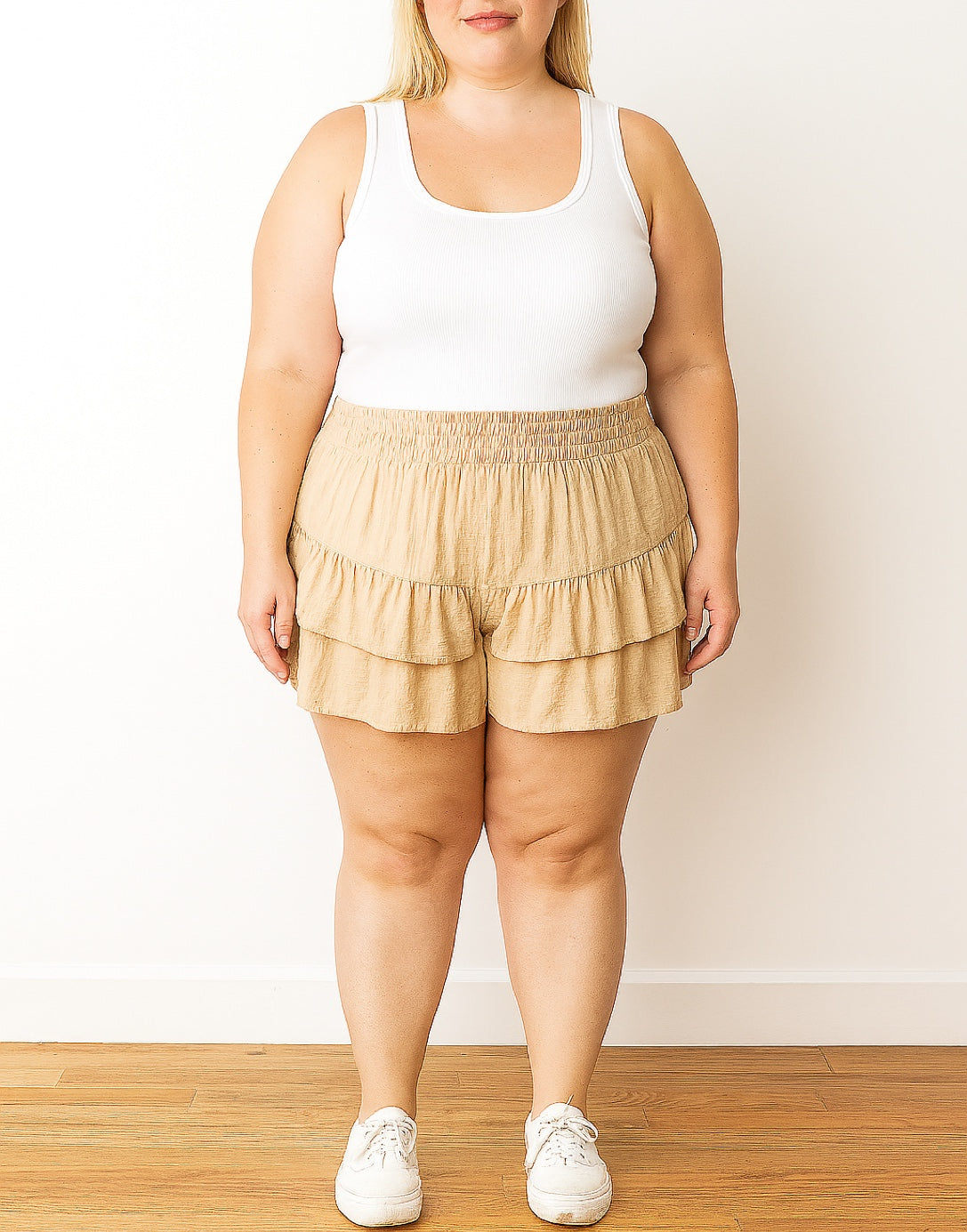 Front view of Plus Size Ruffled Tiered Skort.