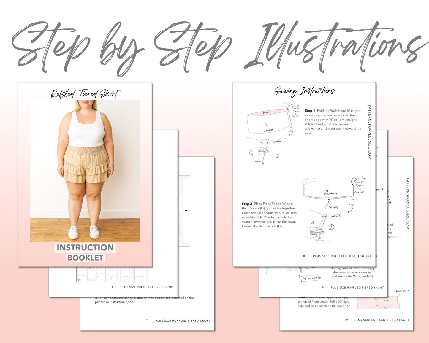 Plus Size Ruffled Tiered Skort sewing pattern step by step illustrations.
