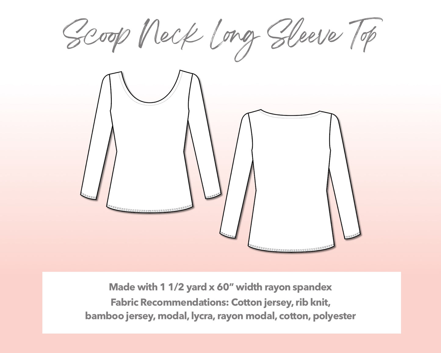Illustration and detailed description for Plus Size Scoop Neck Long Sleeve Top sewing pattern.