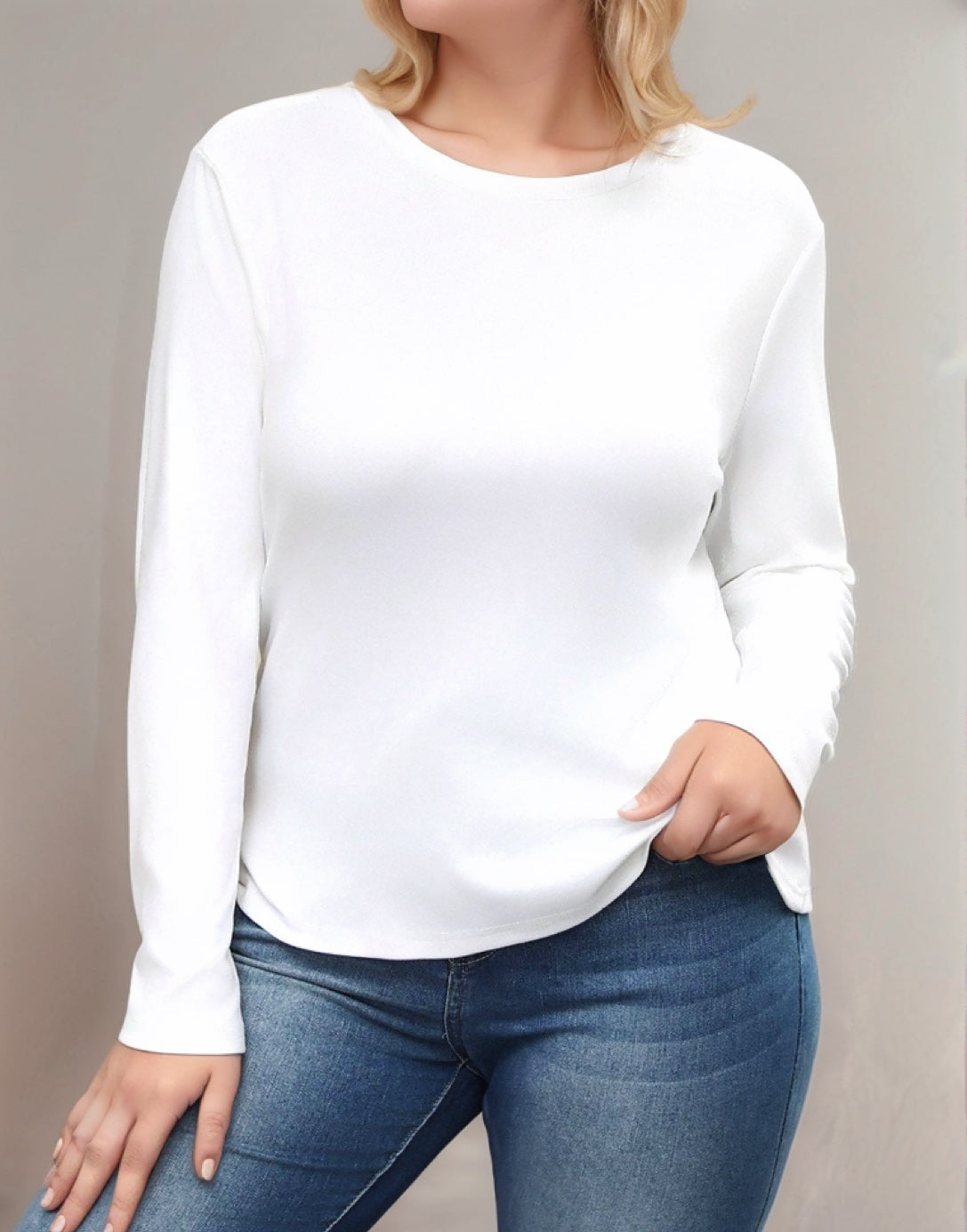Front view of Plus Size Scoop Neck Long Sleeve Top.