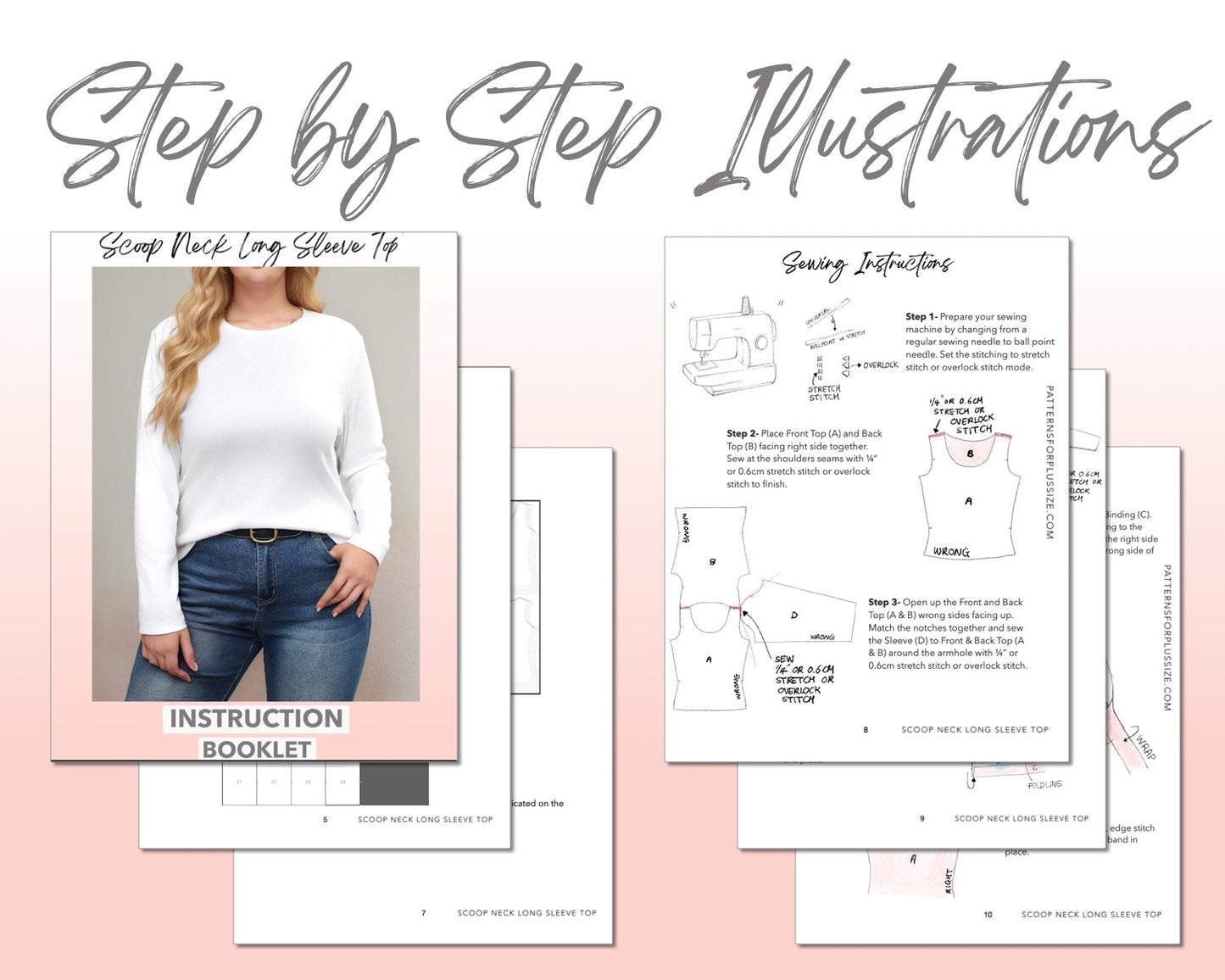 Plus Size Scoop Neck Long Sleeve Top sewing pattern step by step illustrations.