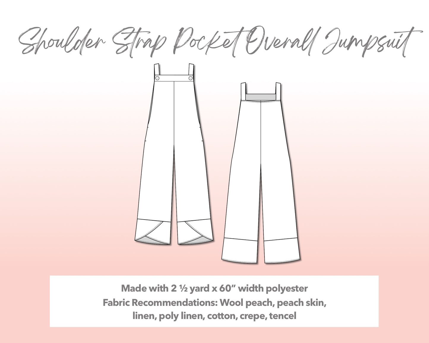 Illustration and detailed description for Plus Size Shoulder Strap Pocket Overall Jumpsuit sewing pattern.