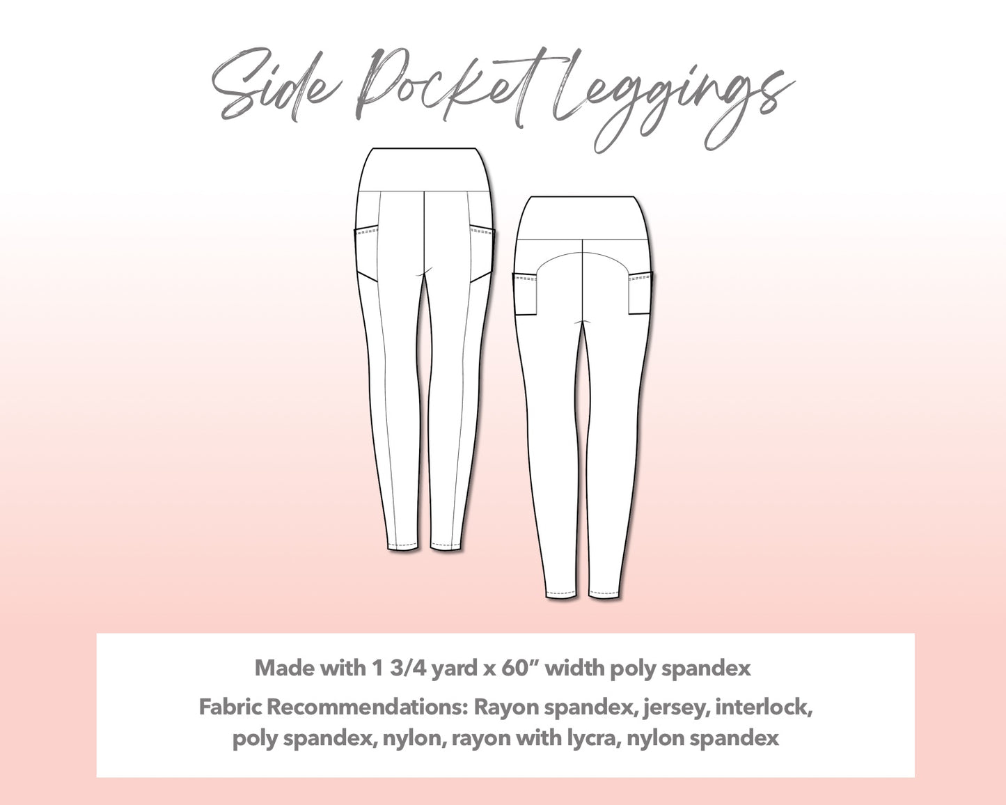 Illustration and detailed description for Plus Size Side Pocket Leggings sewing pattern.