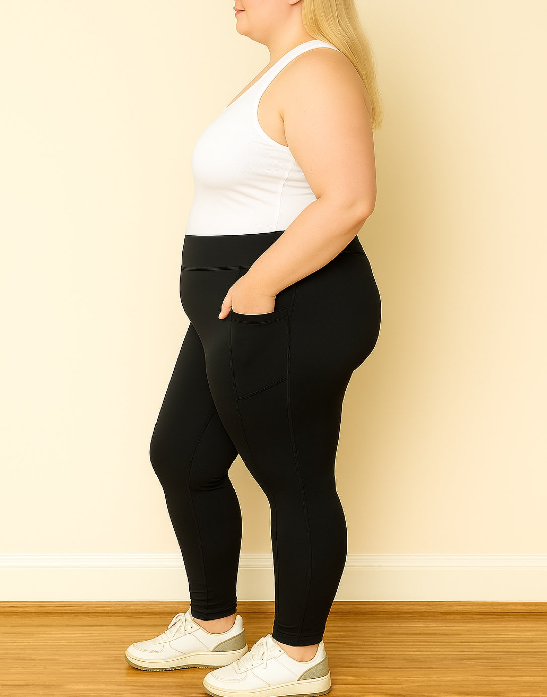 Side view of Plus Size Side Pocket Leggings.