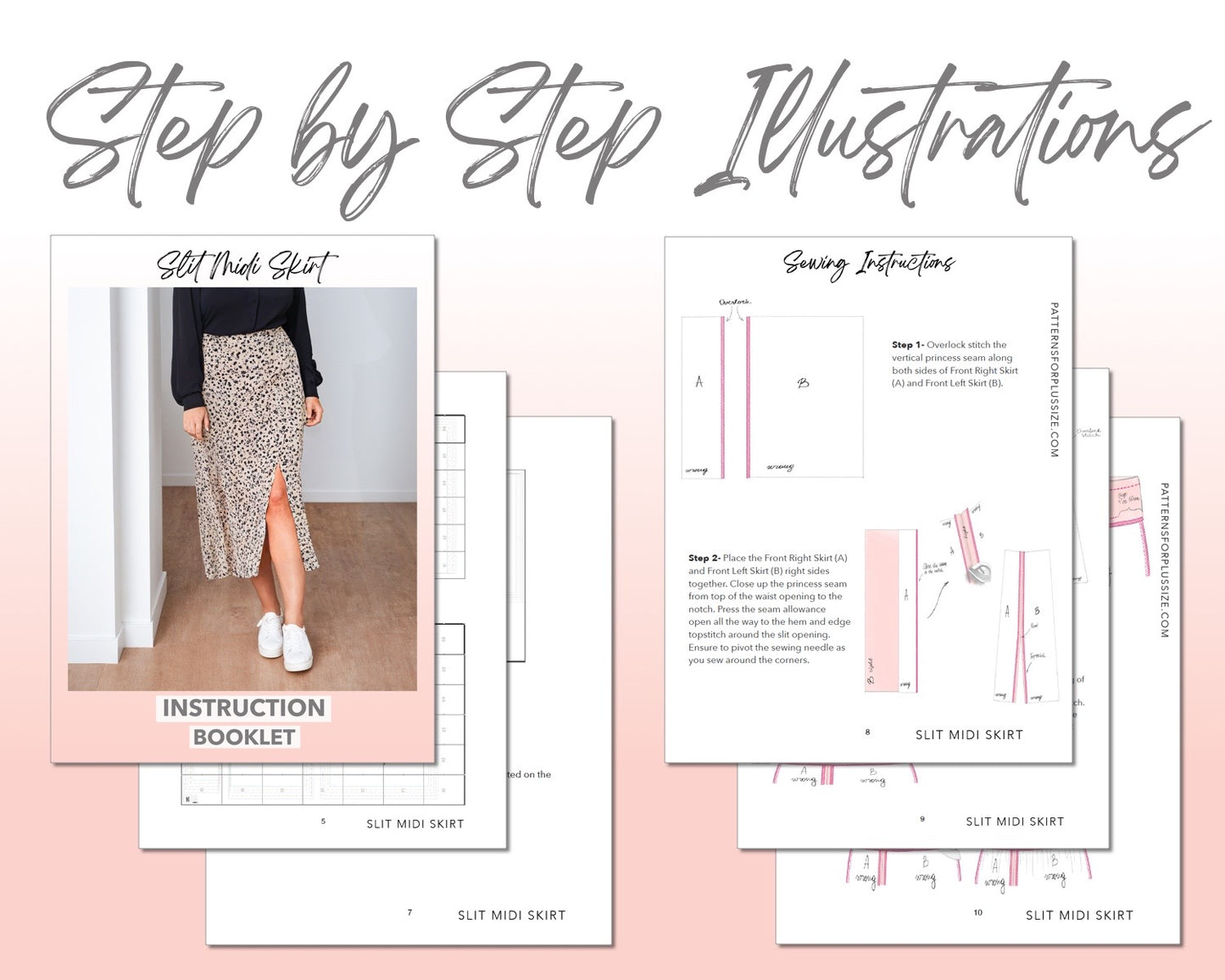 Plus Size Slit Midi Skirt sewing pattern step by step illustrations.