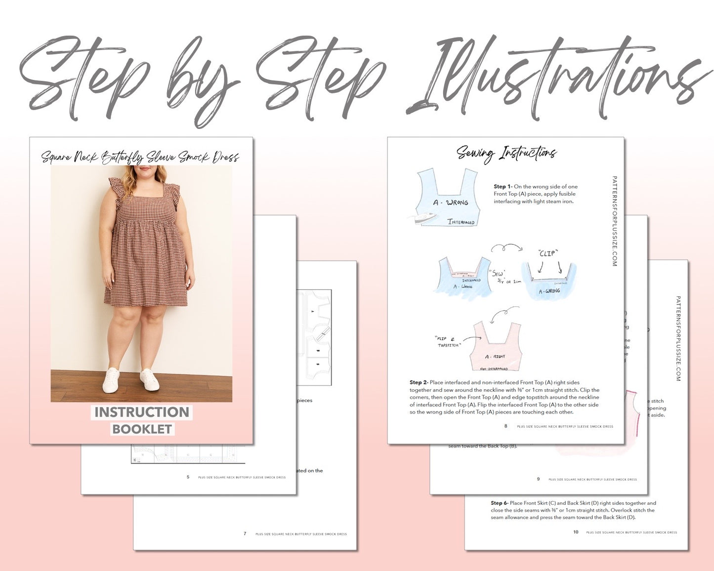 Plus Size Square Neck Butterfly Sleeve Smock Dress sewing pattern step by step illustrations.