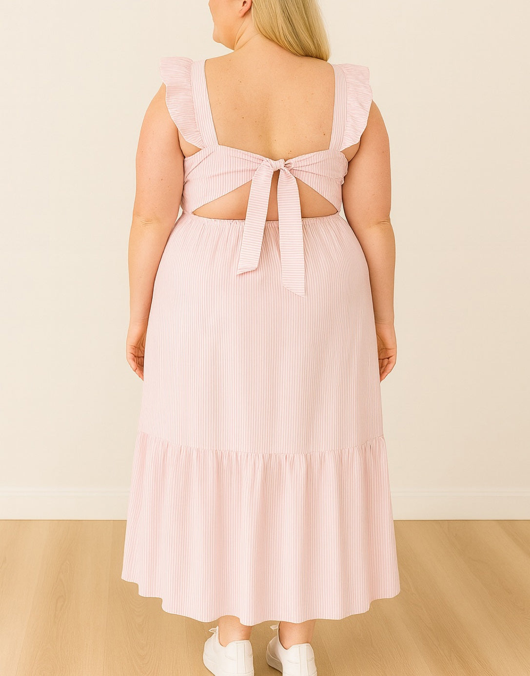 Back view of Pink Plus Size Square Neck Maxi Dress with cut-out back design on a plain background.