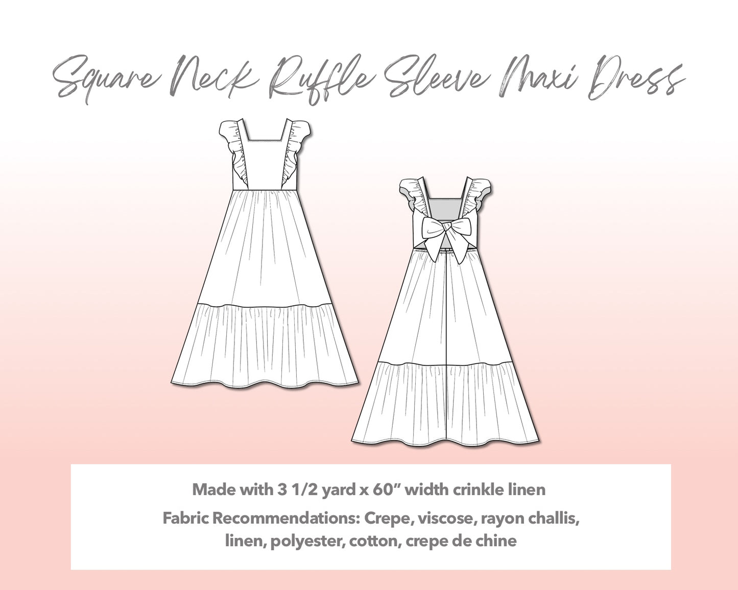Illustration and detailed description for Plus Size Square Neck Ruffled Sleeve Maxi Dress sewing pattern. Made with 3½ yard x 60” width crinkle linen. Other Fabric Recommendations: crepe, viscose, rayon challis, linen, polyester, cotton, crepe de chine.