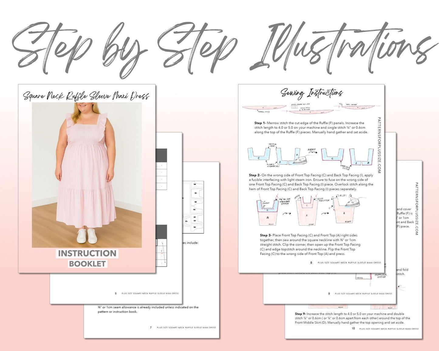 Plus Size Square Neck Ruffled Sleeve Maxi Dress sewing pattern instruction booklet showing step by step illustrations to make the garment.