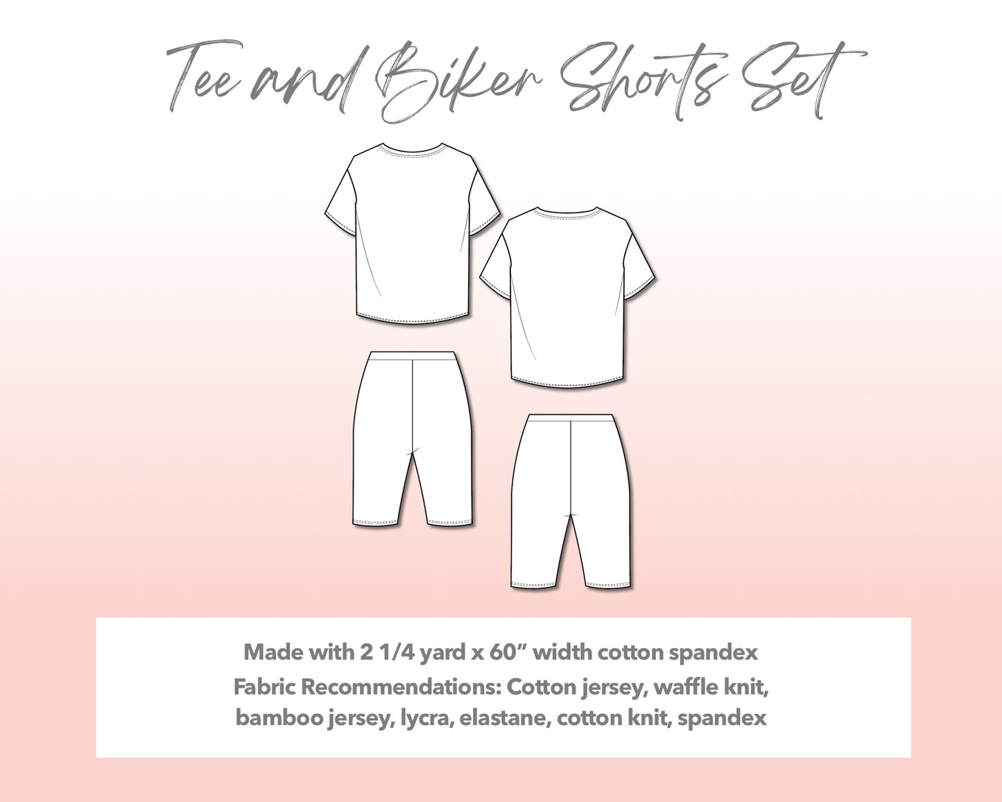 Illustration and detailed description for Plus Size Tee and Biker Shorts Set sewing pattern.
