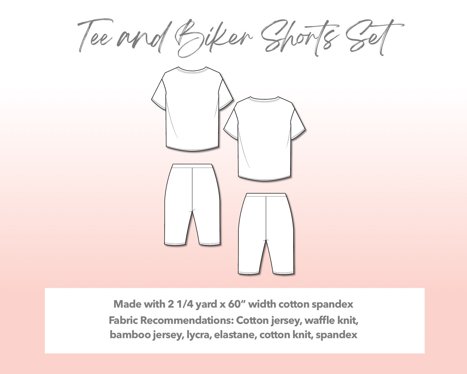 Illustration and detailed description for Plus Size Tee and Biker Shorts Set sewing pattern.