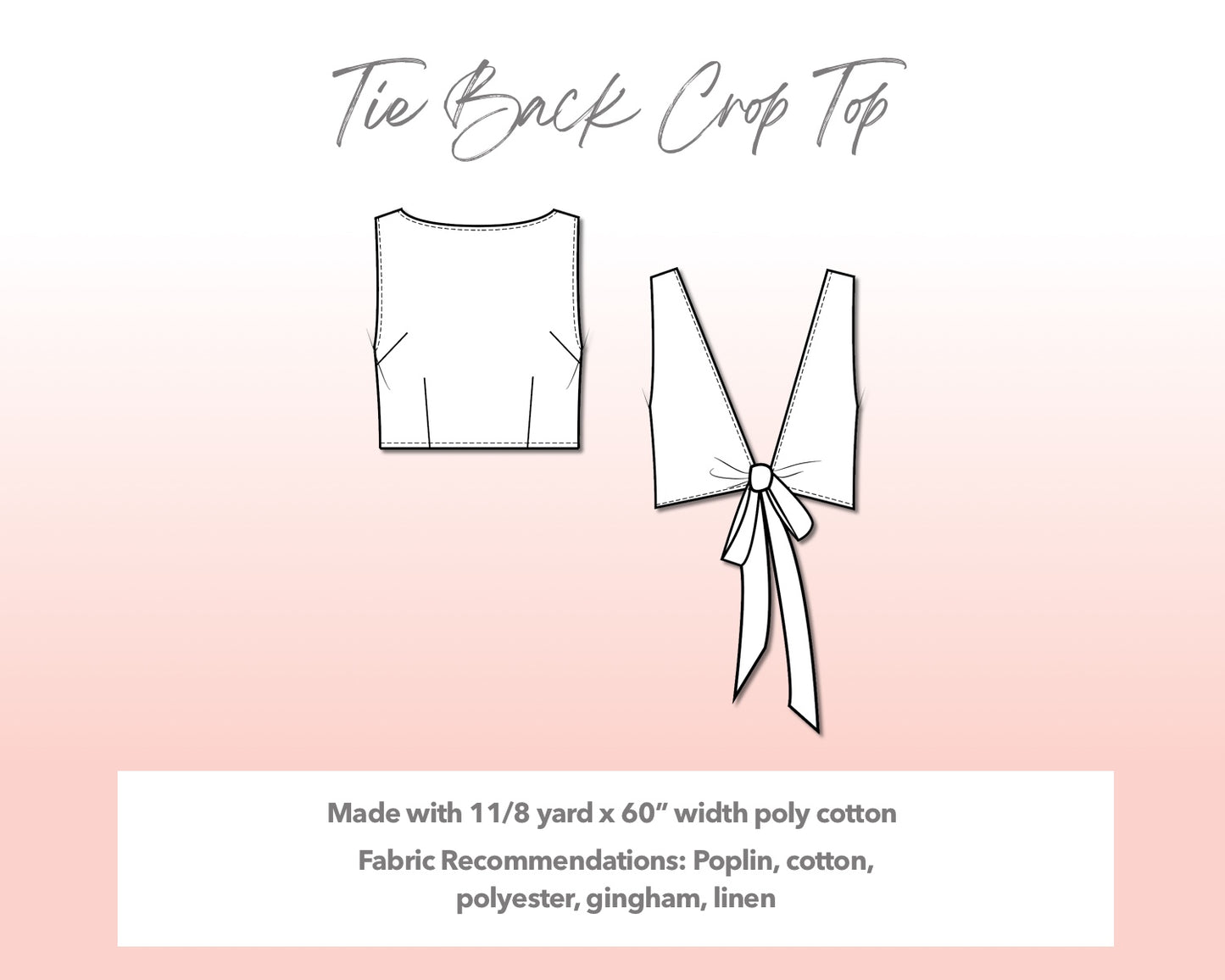 Illustration and detailed description for Plus Size Tie Back Crop Top sewing pattern.