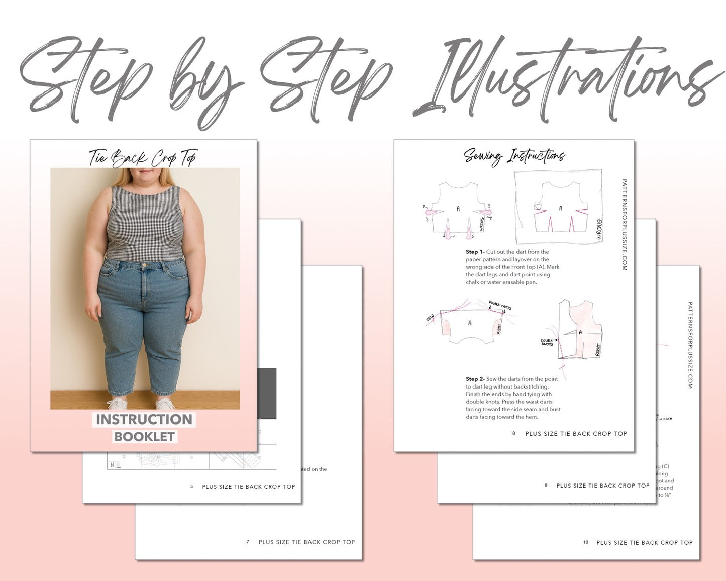 Plus Size Tie Back Crop Top sewing pattern step by step illustrations.