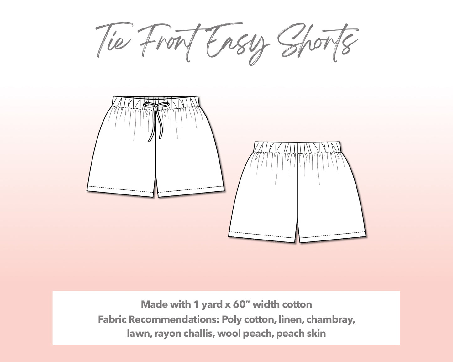 Illustration and detailed description for Plus Size Tie Front Easy Shorts sewing pattern.